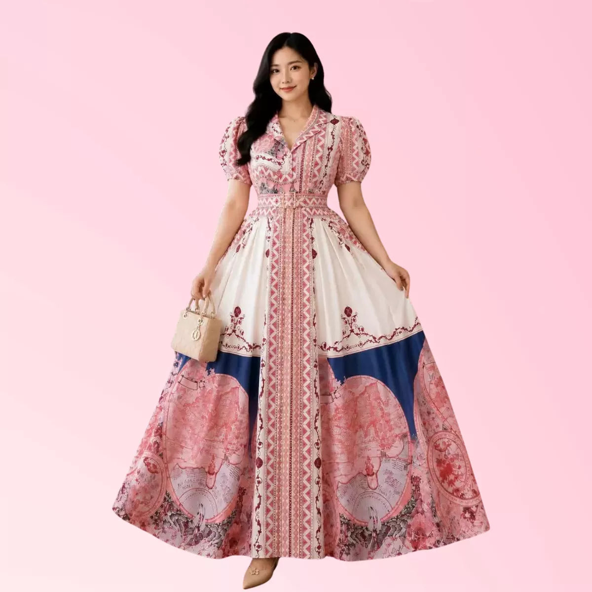 Women's vintage-inspired printed midi dress with puff sleeves and flared skirt