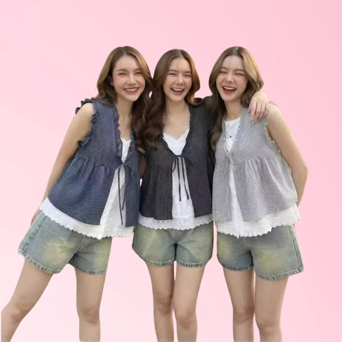 Women’s plaid sleeveless tops shown in three colour combinations