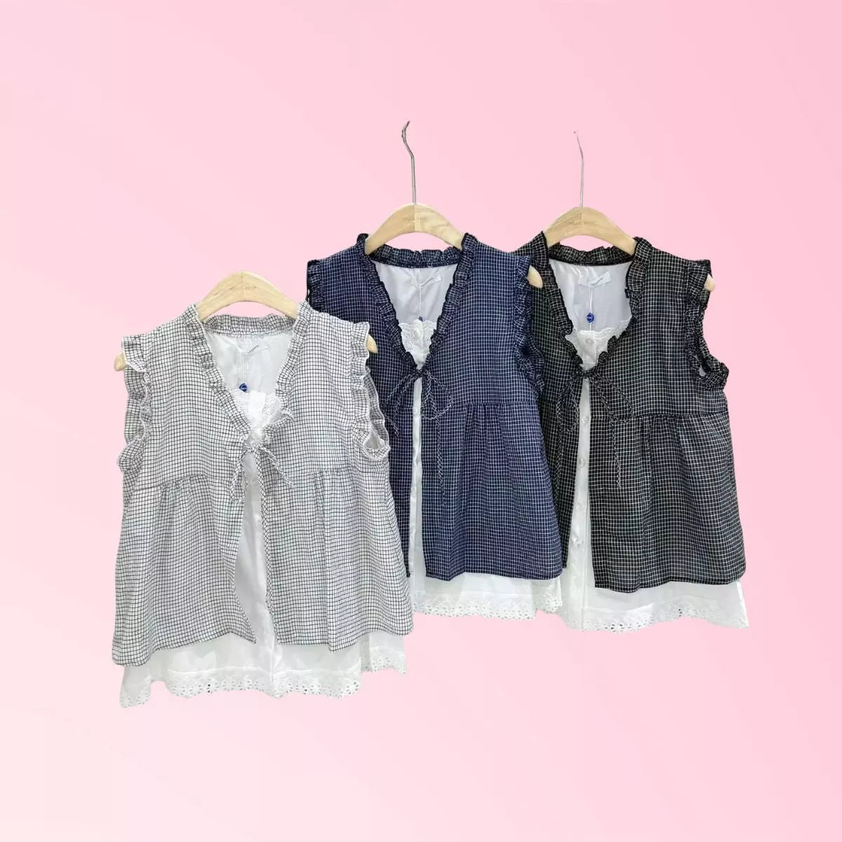 Womens Ruffle Tie Front Check Vest Top