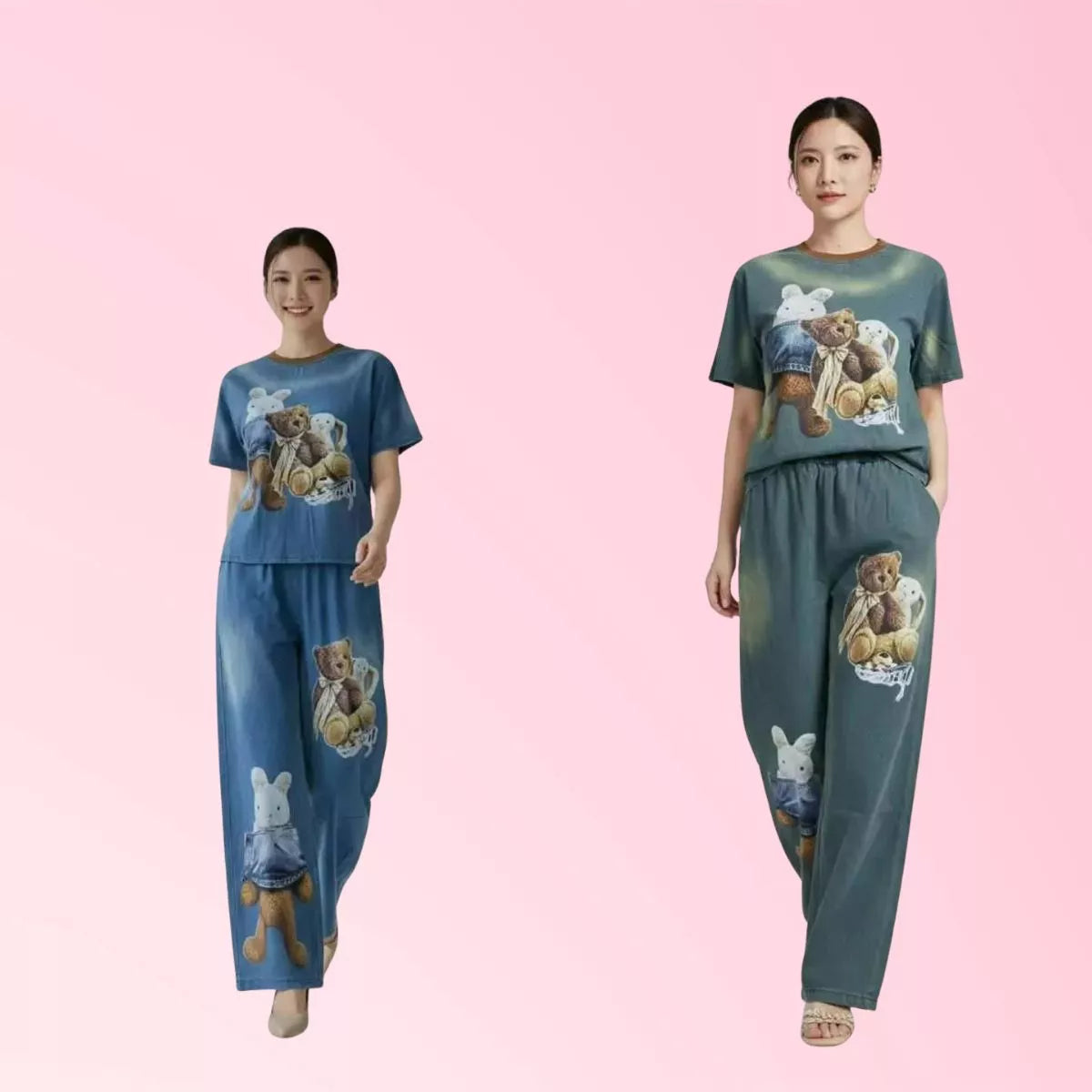 Womens Teddy Bear Graphic Top and Wide Leg Pants Set