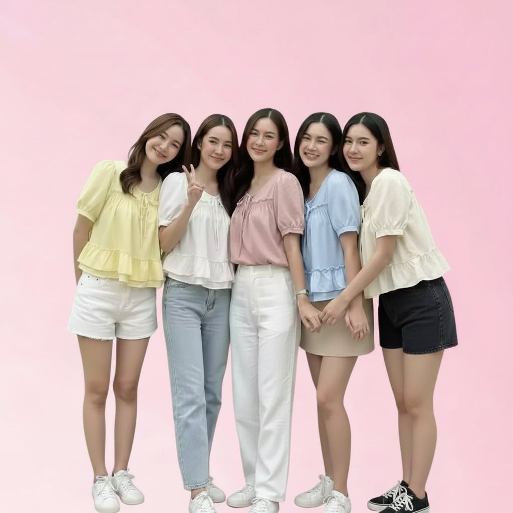 Women wearing ruffle peplum short-sleeve blouses in multiple colours