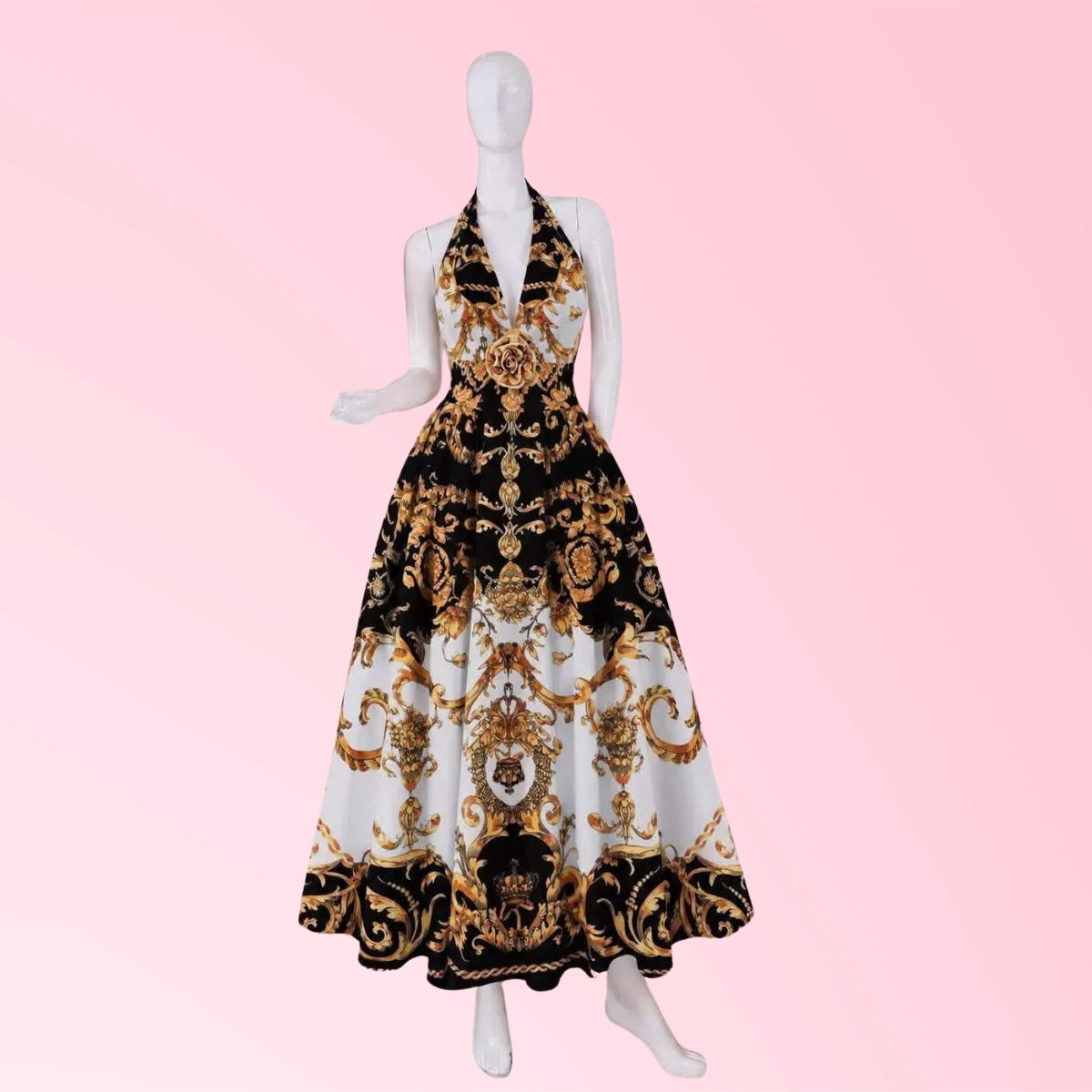 Women's halter maxi dress in black and gold baroque print
