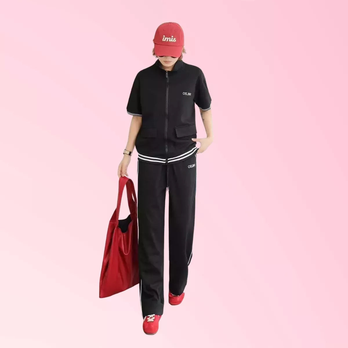 Women’s black sporty zip-up two-piece pants set