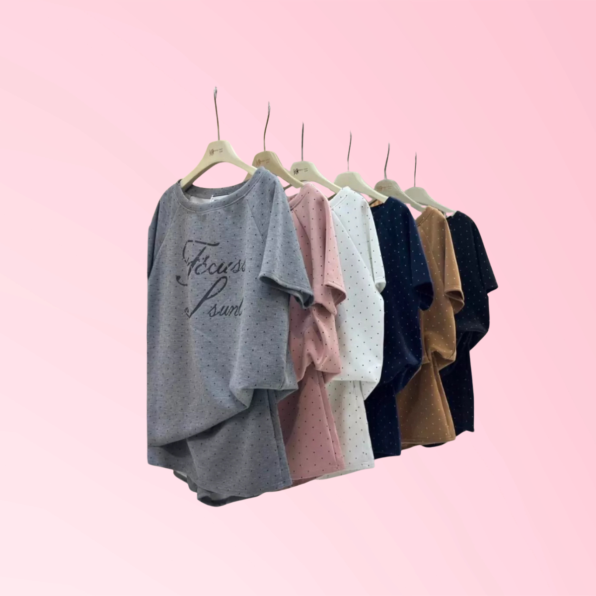 Women’s polka dot graphic T-shirt available in gray, pink, white, navy, brown and black