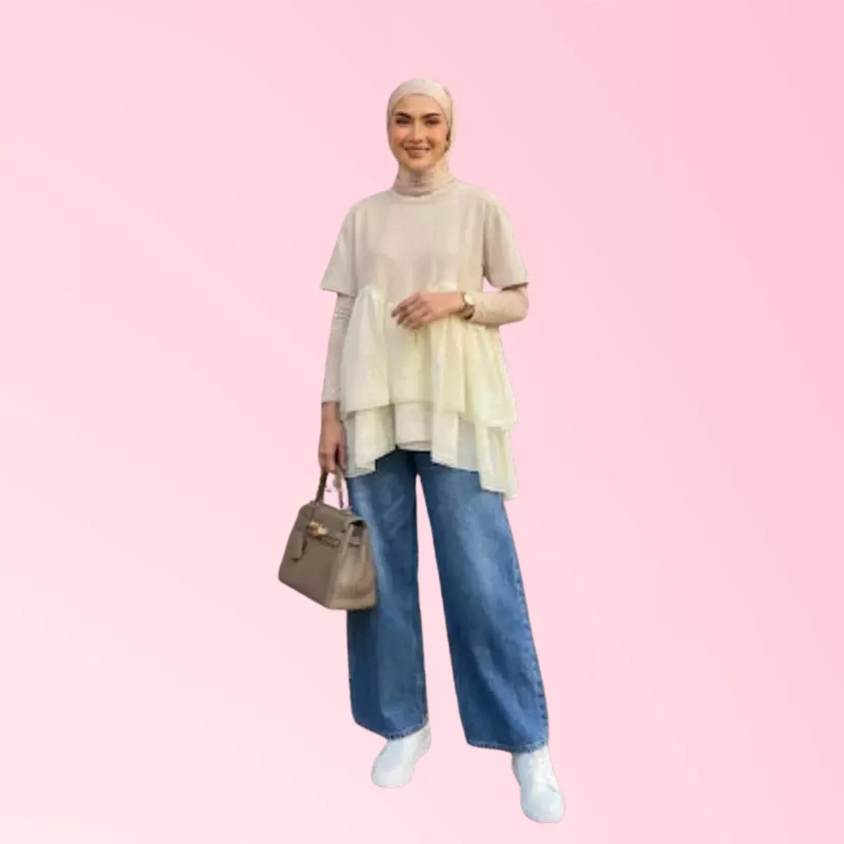 Ivory layered tunic top for women with flowing hem