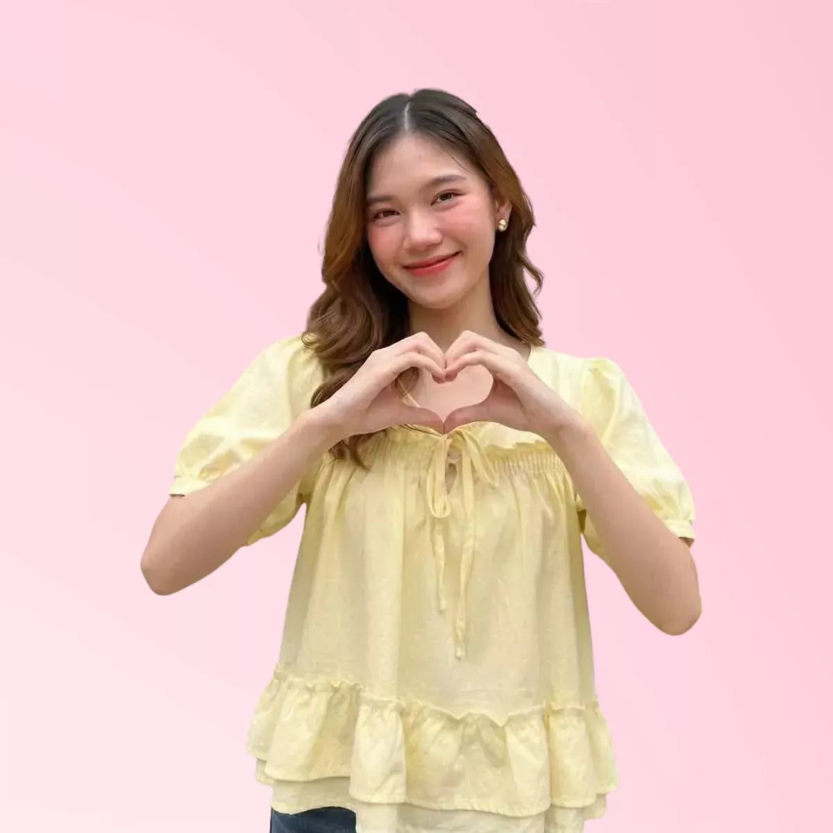 Yellow ruffle peplum short-sleeve blouse with tie neckline