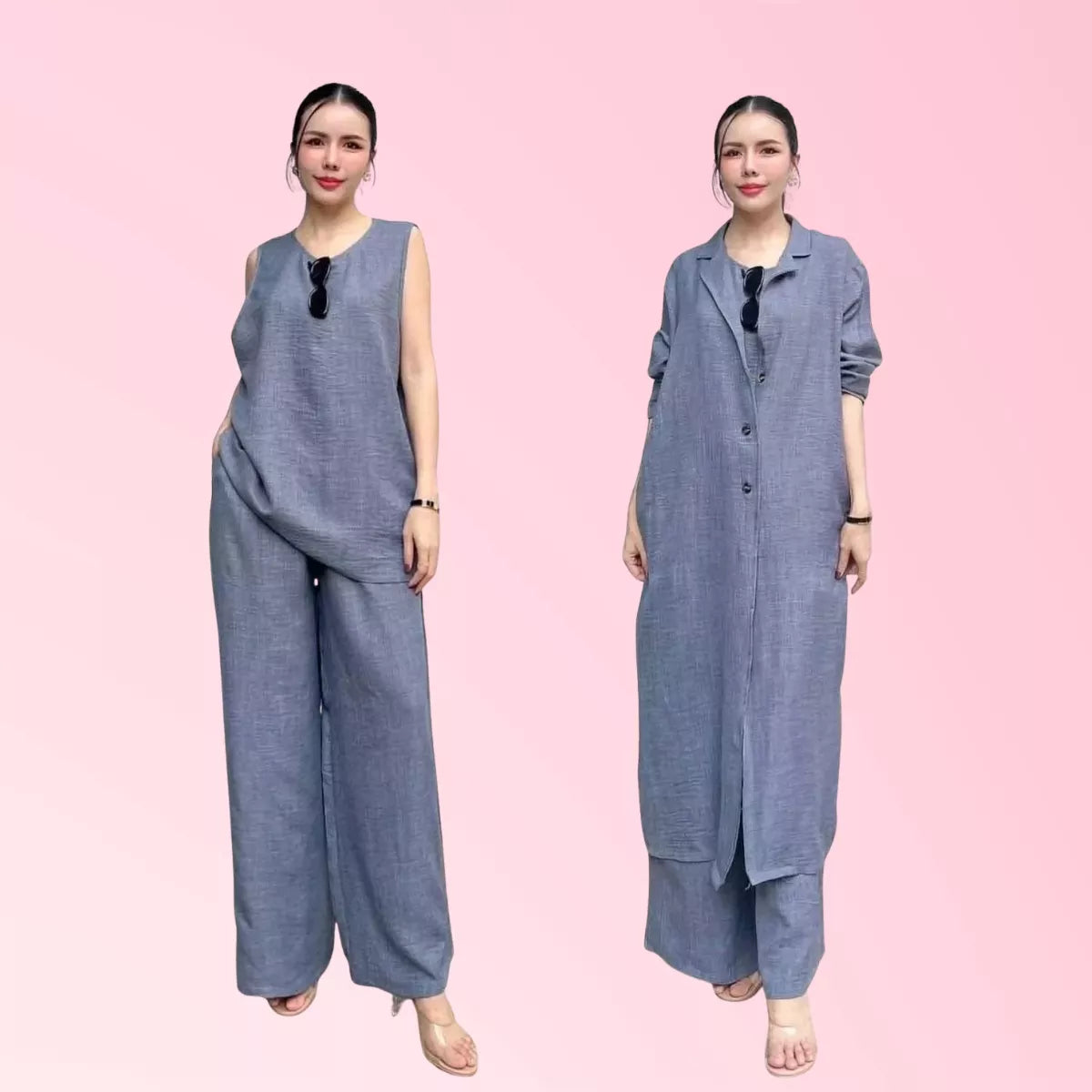 Slate blue 3-piece women's wide-leg pant set with sleeveless top and long outer layer