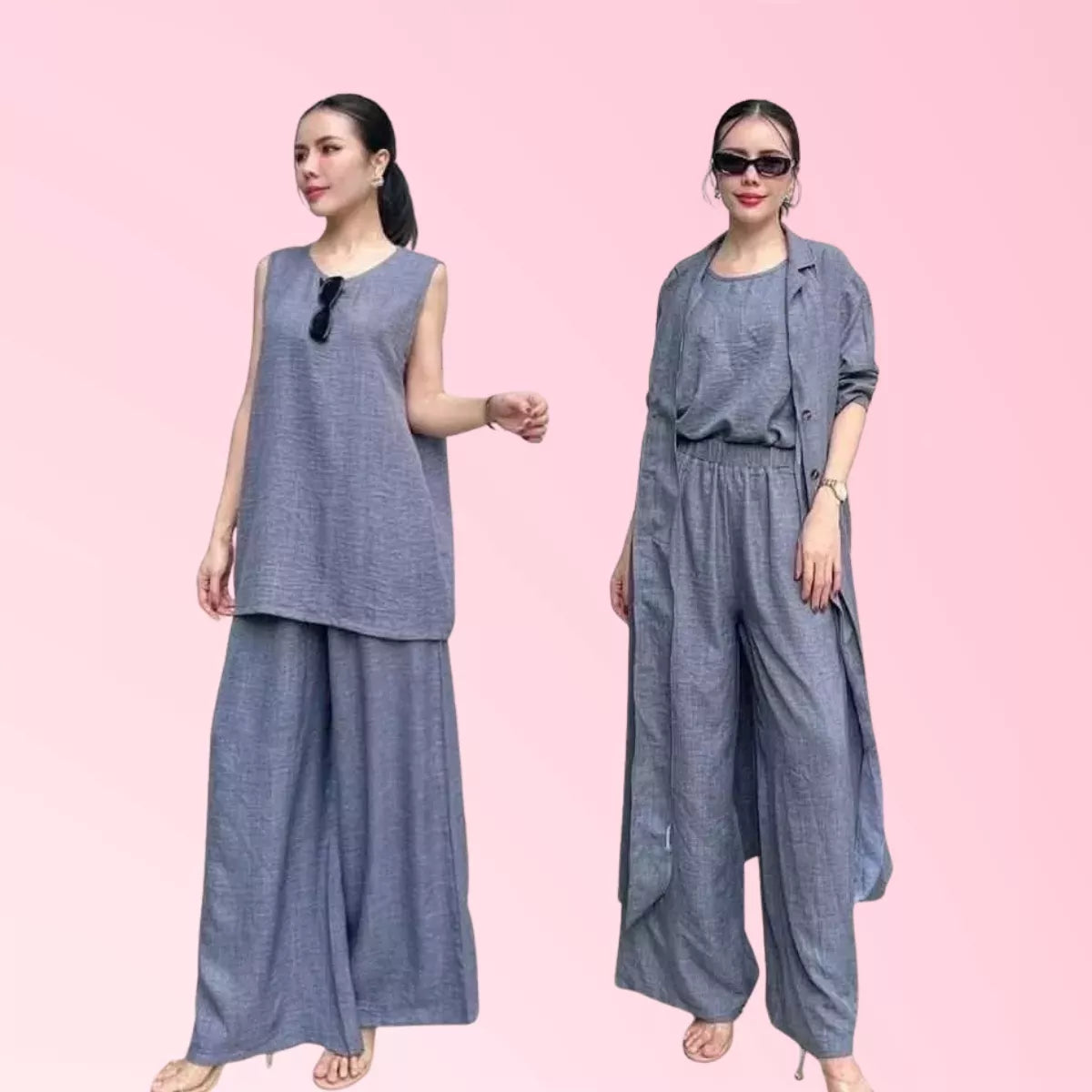Slate blue 3-piece women's wide-leg pant set with sleeveless top and long outer layer-01