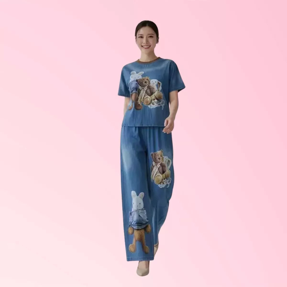 Women’s teddy bear graphic top and wide-leg pants sets in blue and green