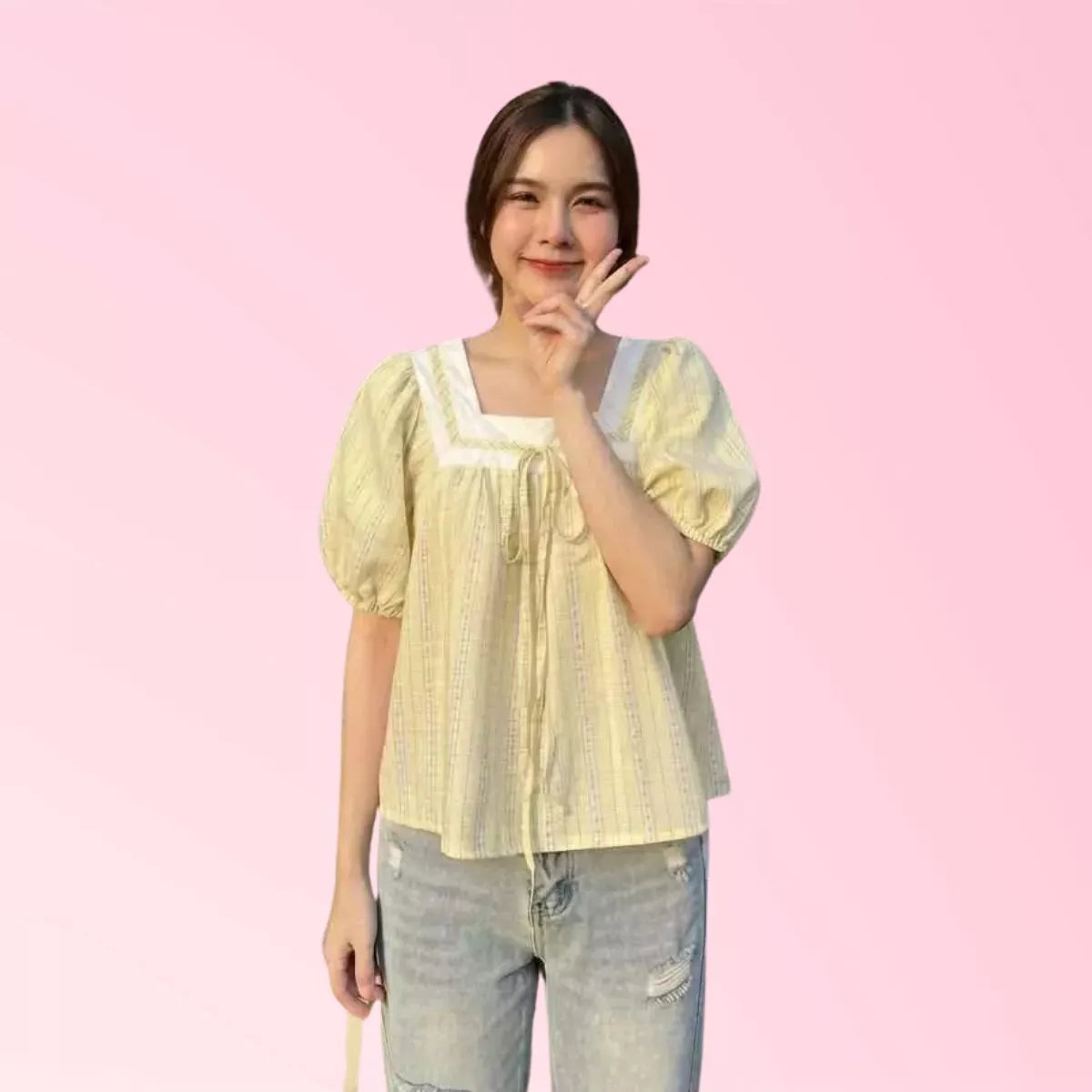 Women’s yellow square-neck puff-sleeve casual blouse