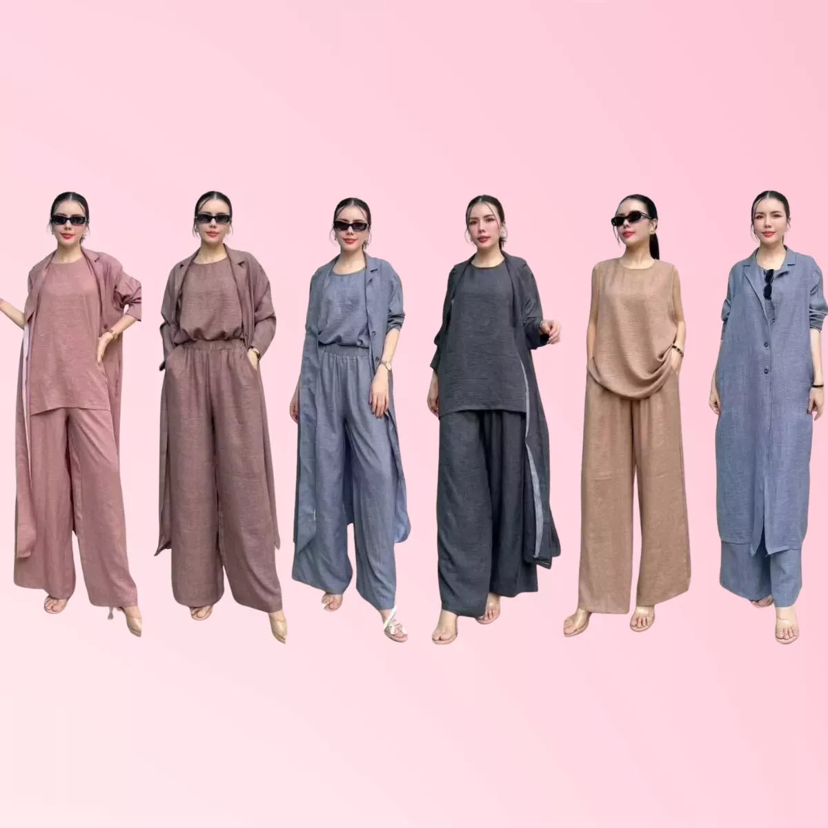 Women's 3-piece wide-leg pants set shown in three colors