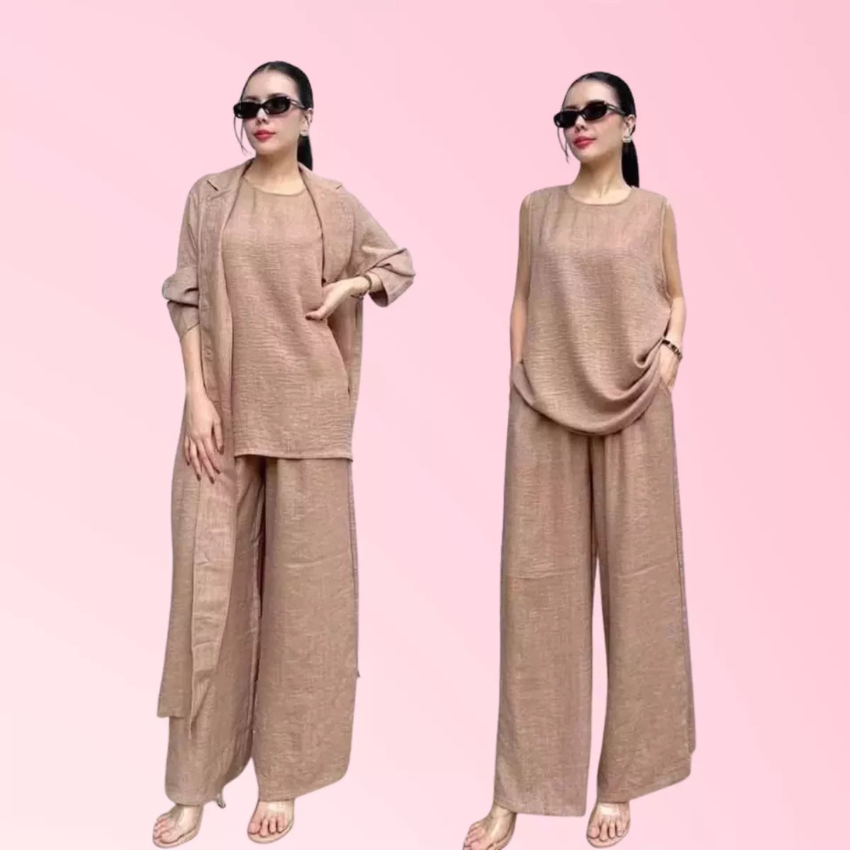 Women's 3-piece wide-leg pants set in mocha