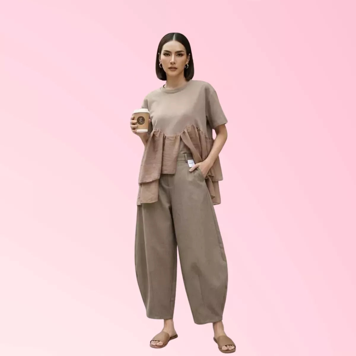 Women’s beige 3-piece layered top and wide-leg pants