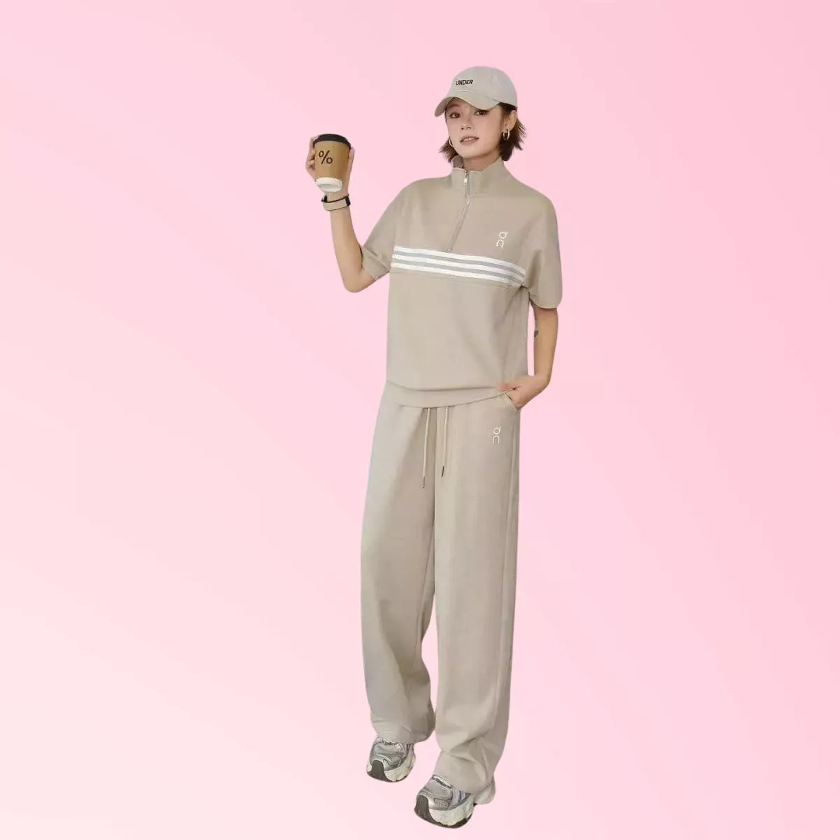 Women’s beige striped half-zip wide-leg two-piece set
