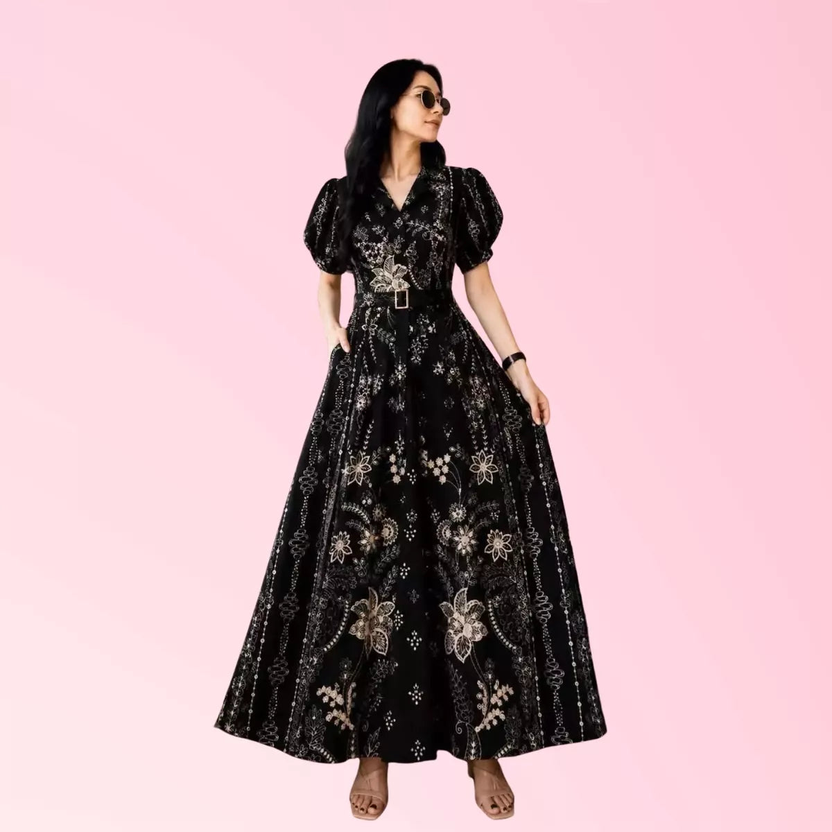 Women’s black ornate print belted maxi dress