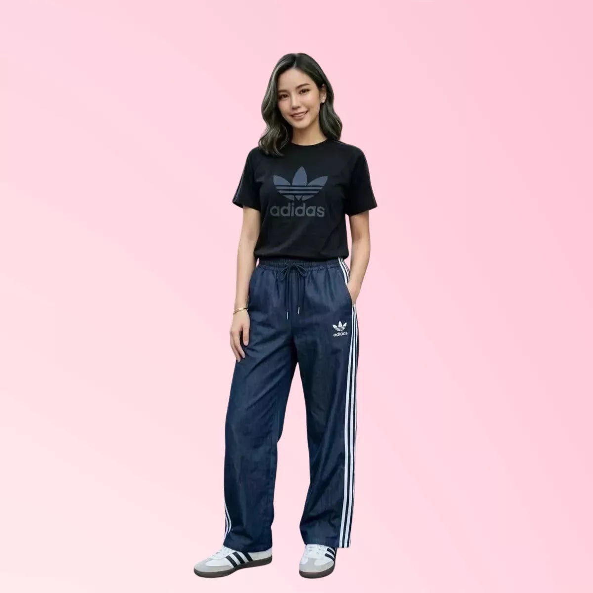 Women’s black graphic T-shirt with side-stripe wide-leg trousers