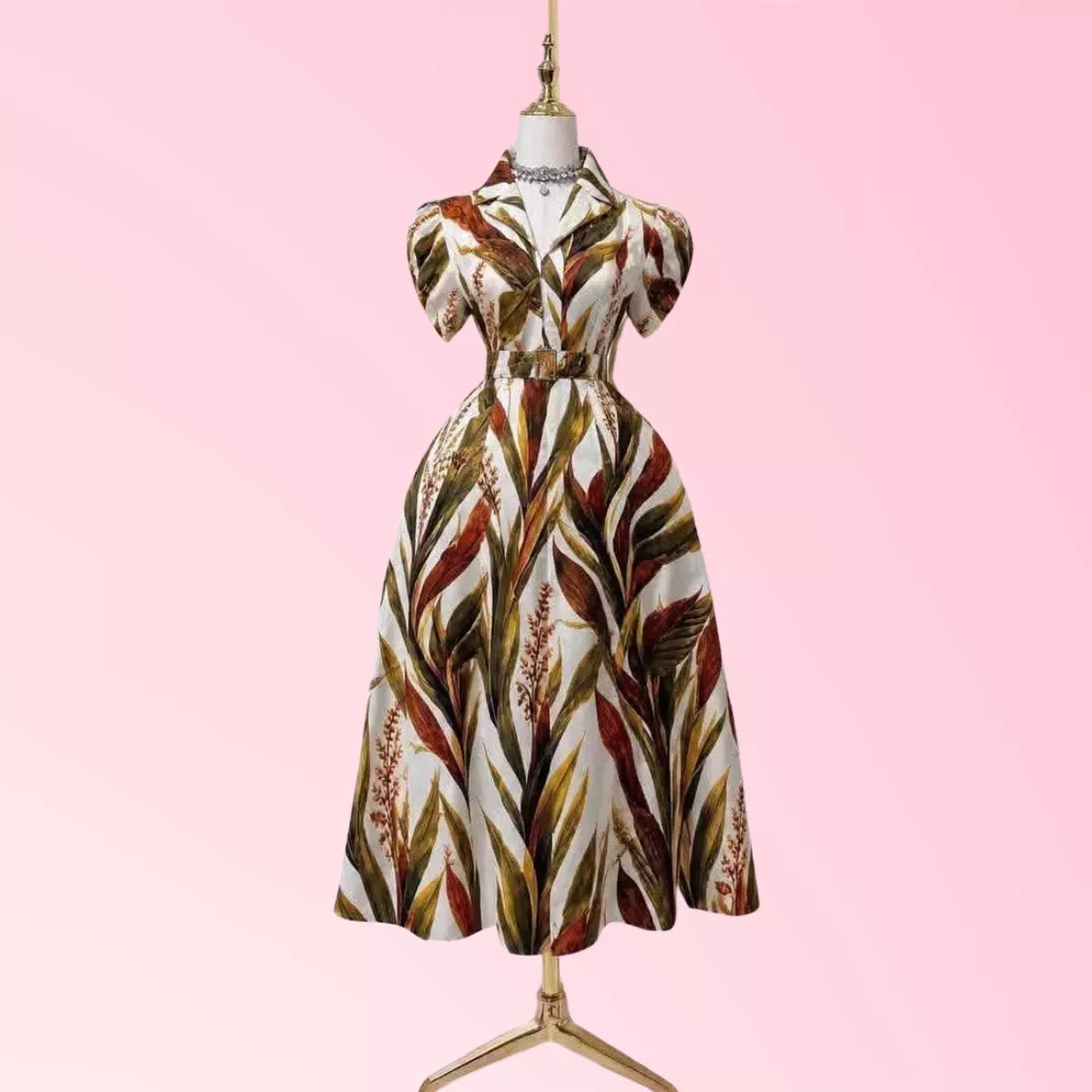 Women’s botanical leaf print belted maxi dress