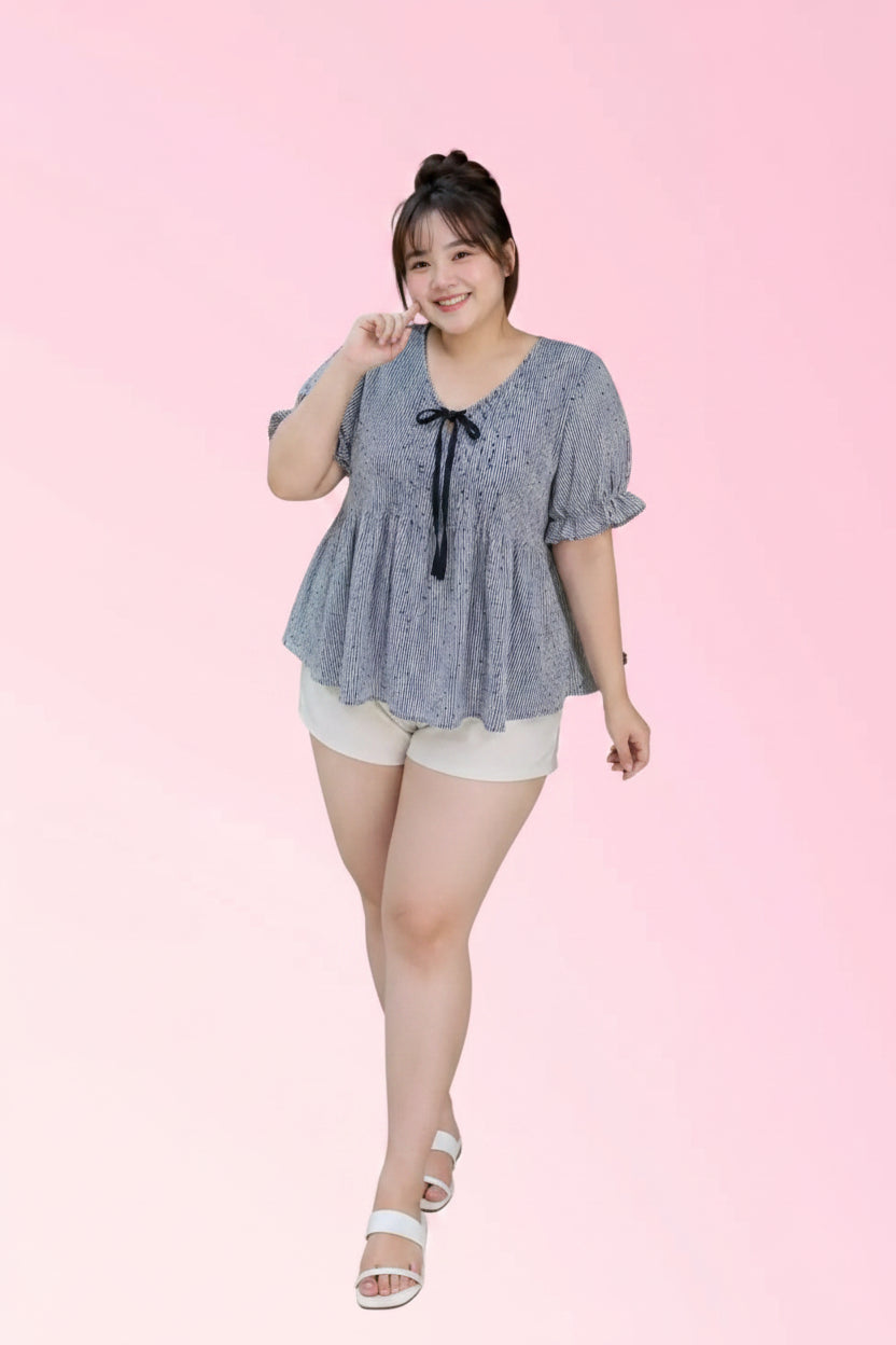 Women’s blue bow-neck short-sleeve casual blouse