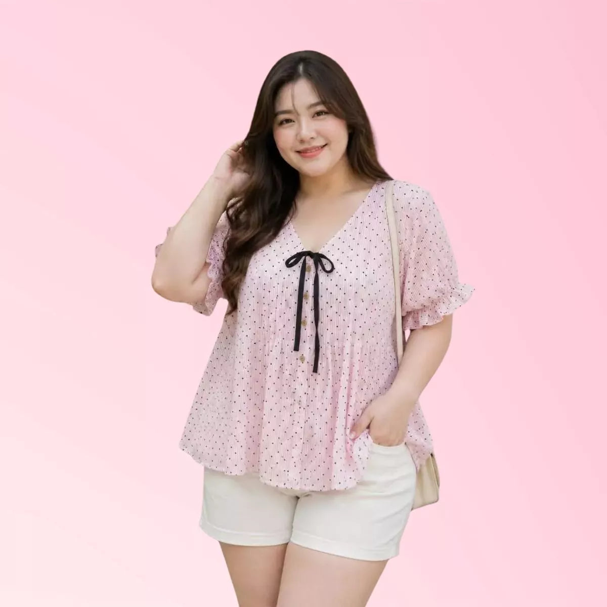 Women’s pink bow-neck short-sleeve casual blouse