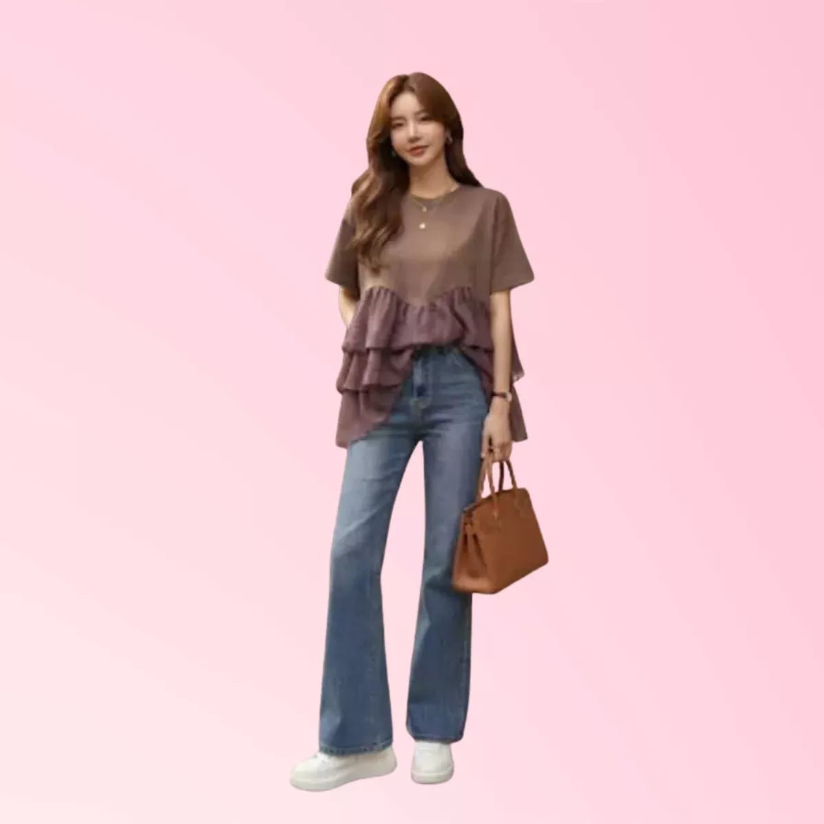 Women’s brown layered top with blue jeans casual outfit