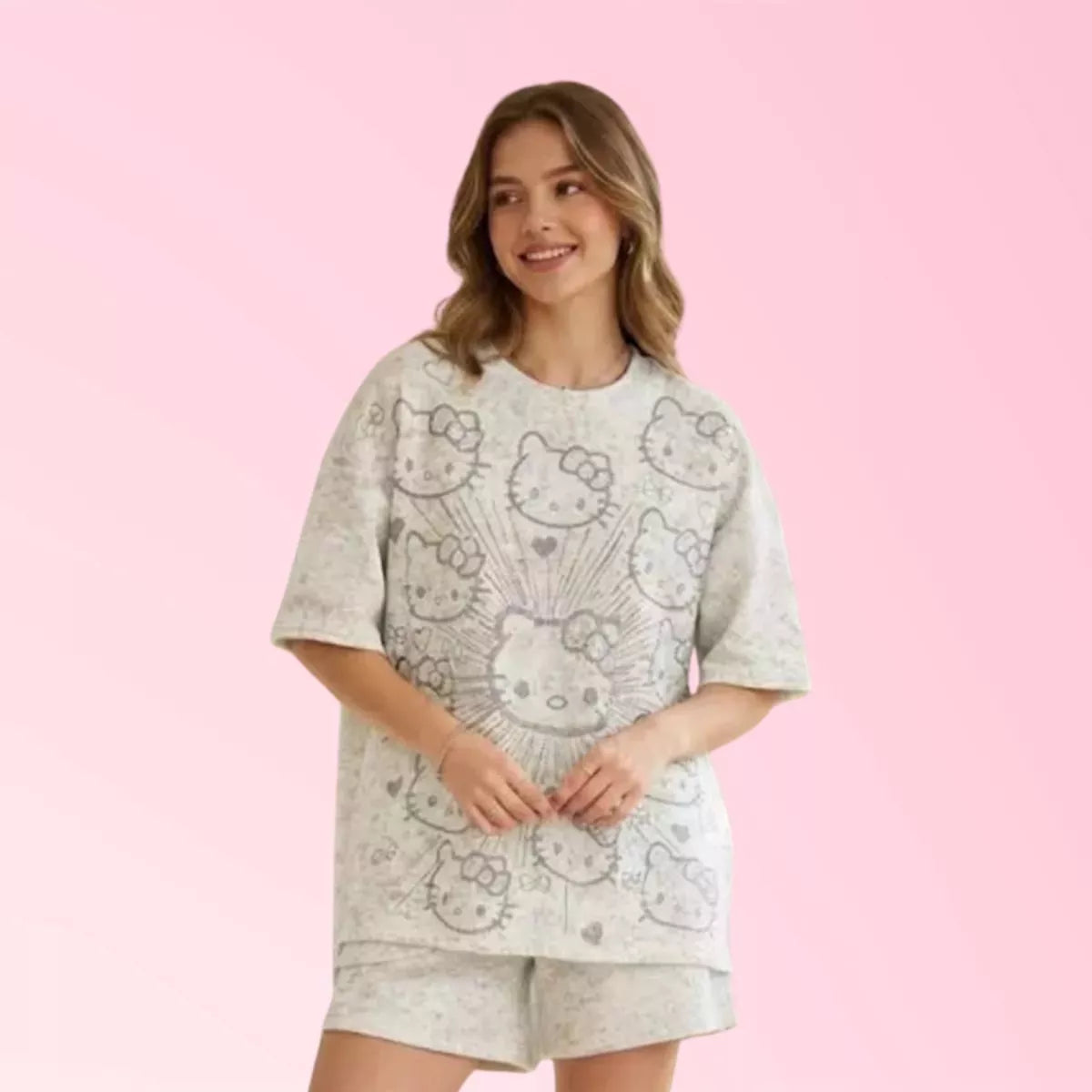 Women’s light grey cartoon graphic top and matching shorts set