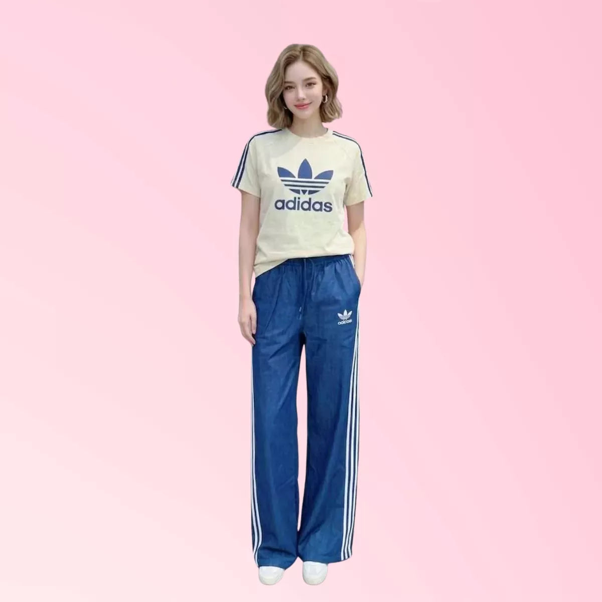 Women’s cream short-sleeve T-shirt and blue wide-leg pants set