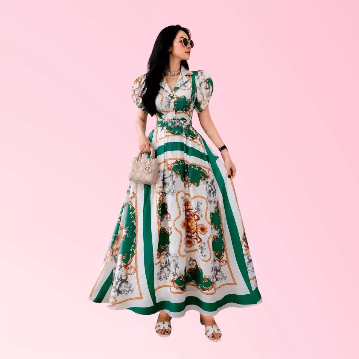 Women’s green and white baroque print maxi dress