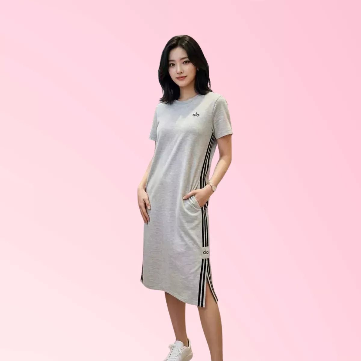 Women’s light grey short-sleeve midi dress with side stripes