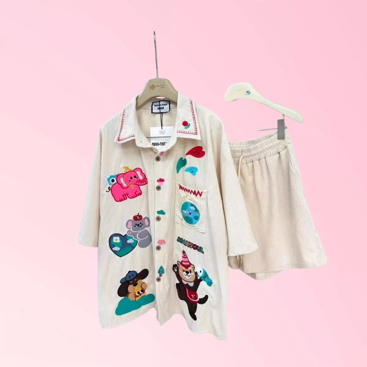 Cream patchwork casual shirt and matching shorts set