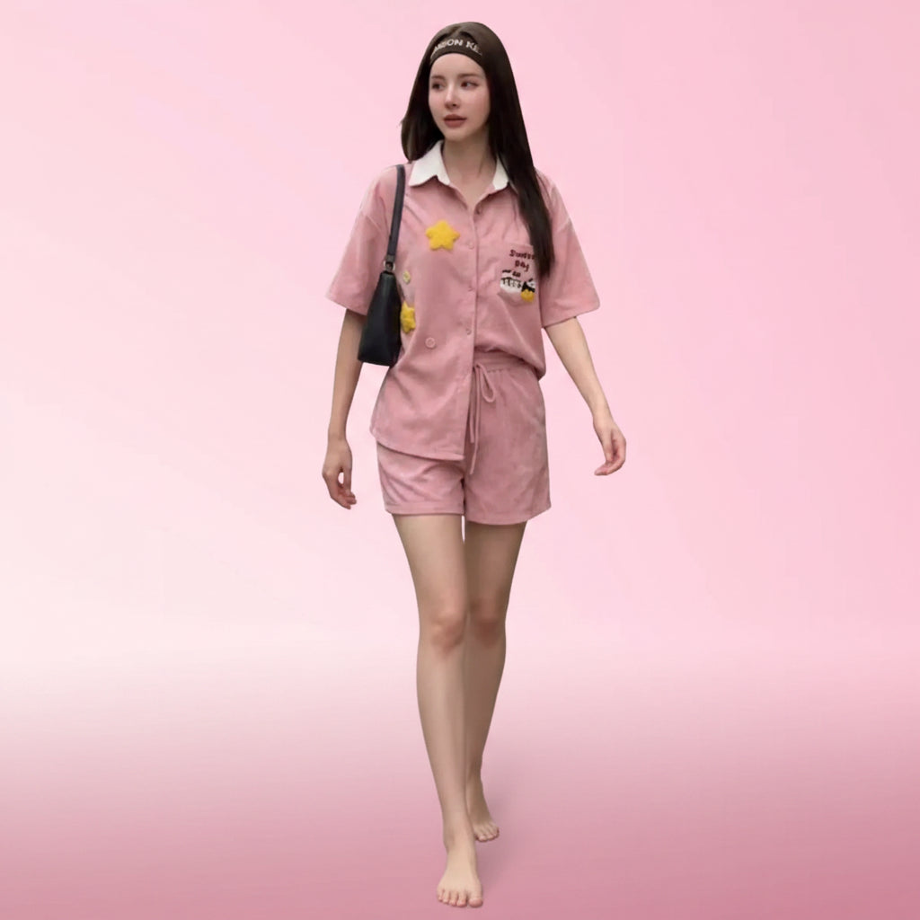Pink casual shirt and shorts set with decorative patches