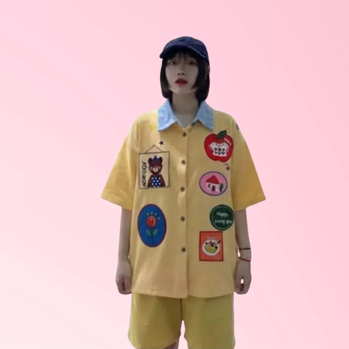 Yellow patchwork short-sleeve shirt and matching shorts set