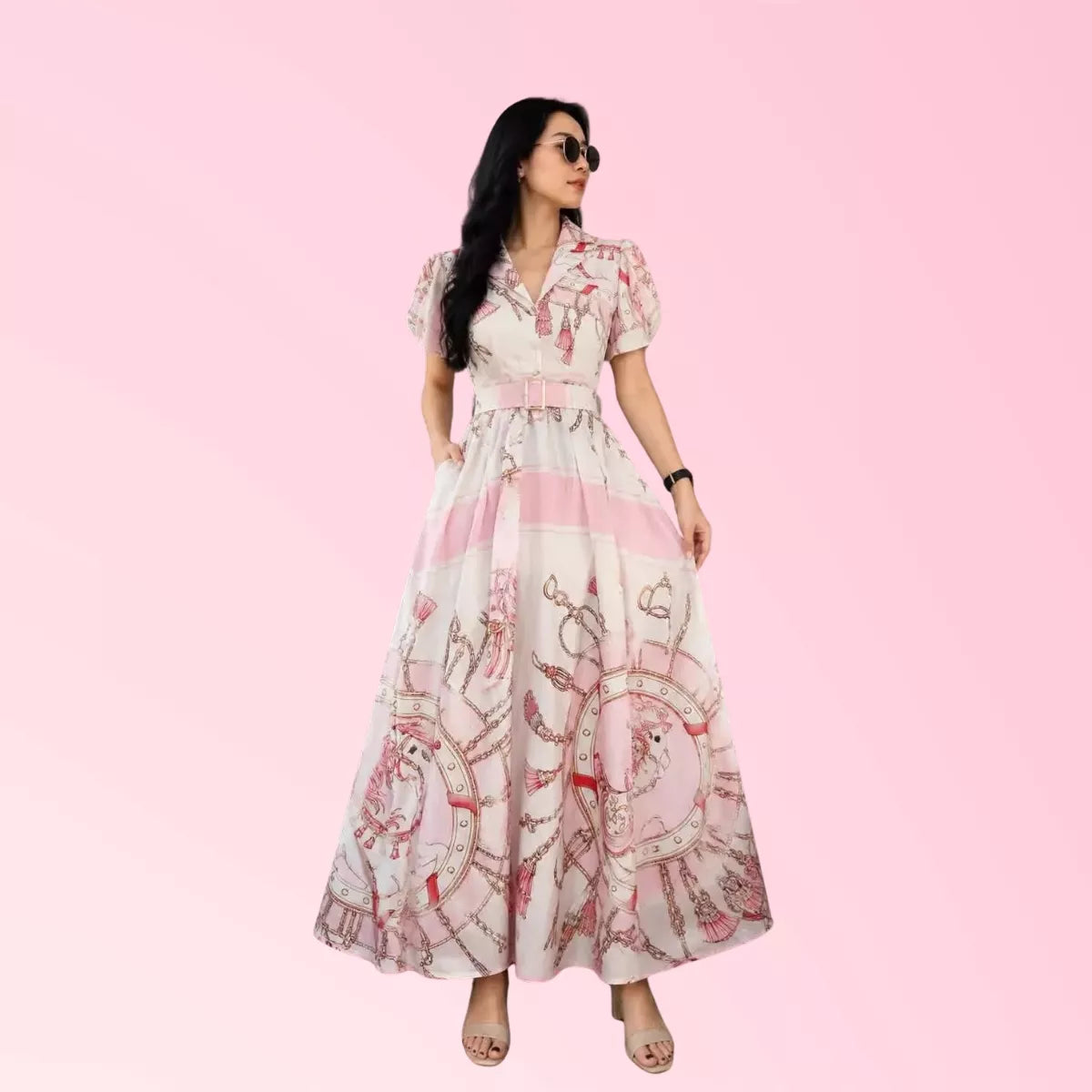 Women’s pink equestrian print belted maxi dress