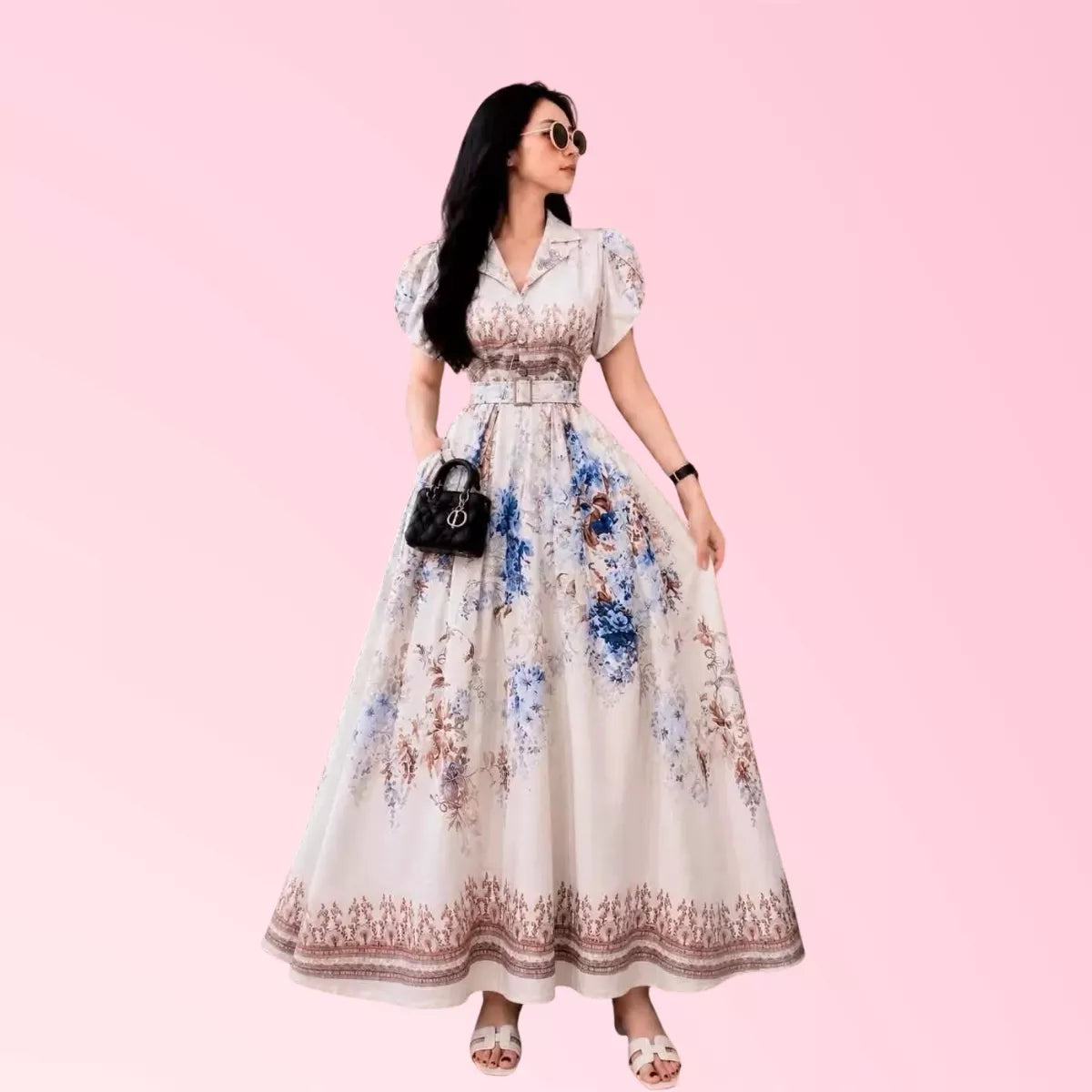 Women’s pink blue equestrian print belted maxi dress