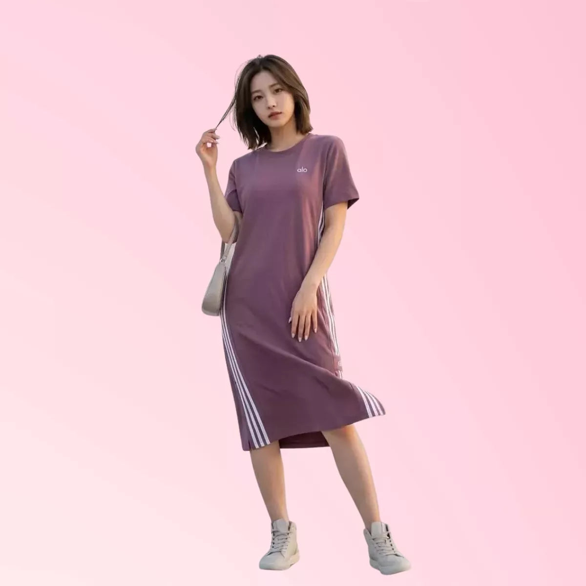 Women’s purple side-stripe casual midi T-shirt dress