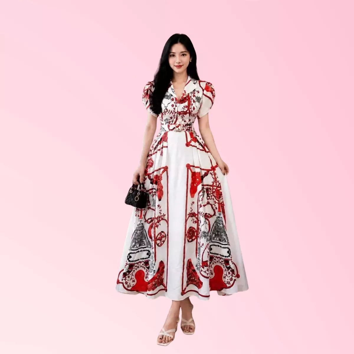 womens-red-white-equestrian-print-belted-maxi-dress