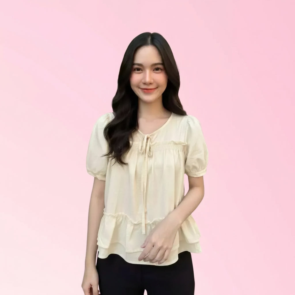 Cream ruffle peplum short-sleeve blouse with tie neckline