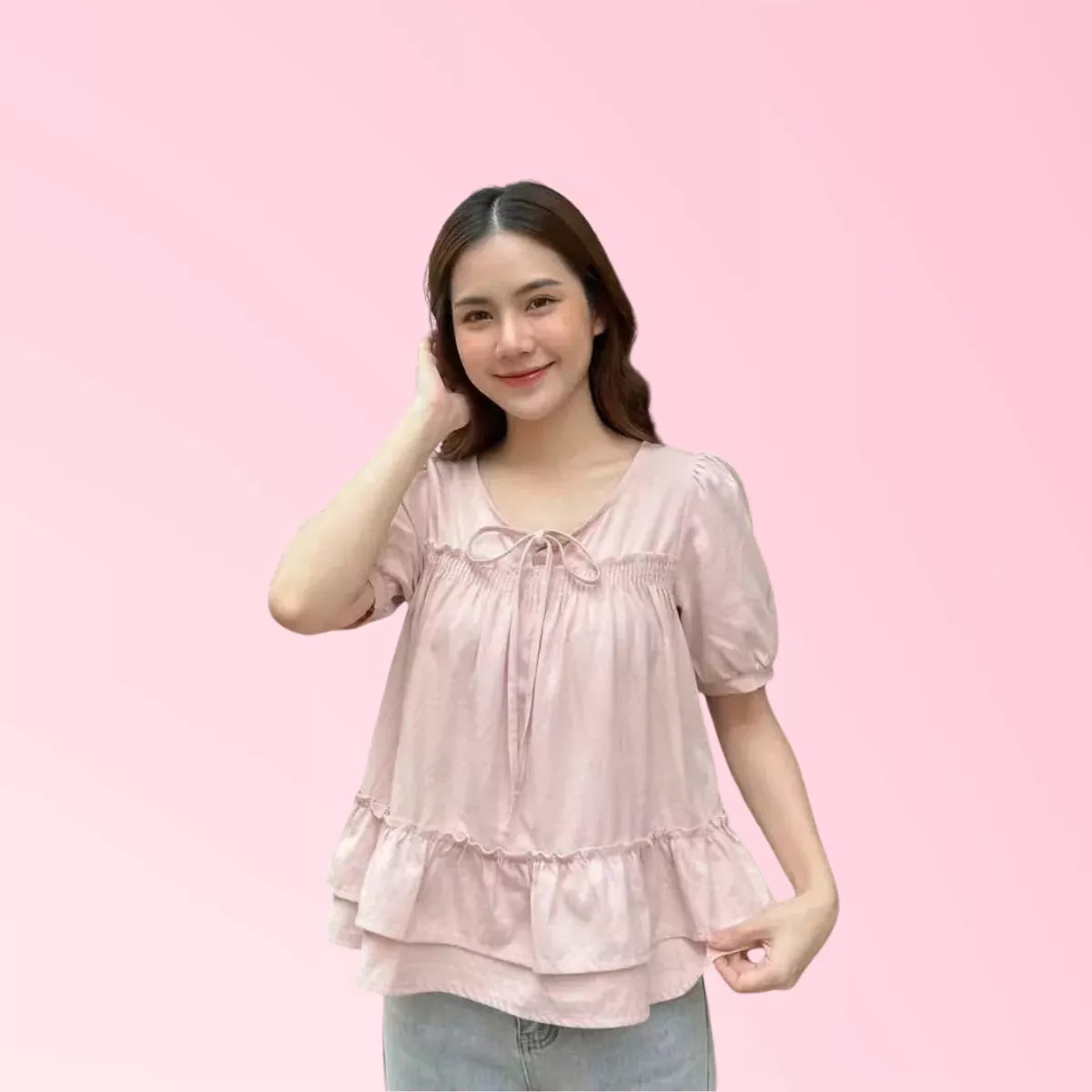 Pink ruffle peplum short-sleeve blouse with gathered front and ruffle hem