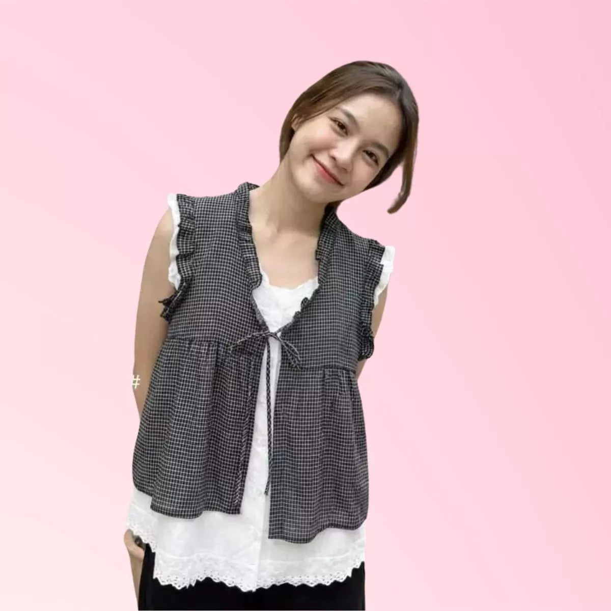 Women’s black check ruffle tie-front vest top