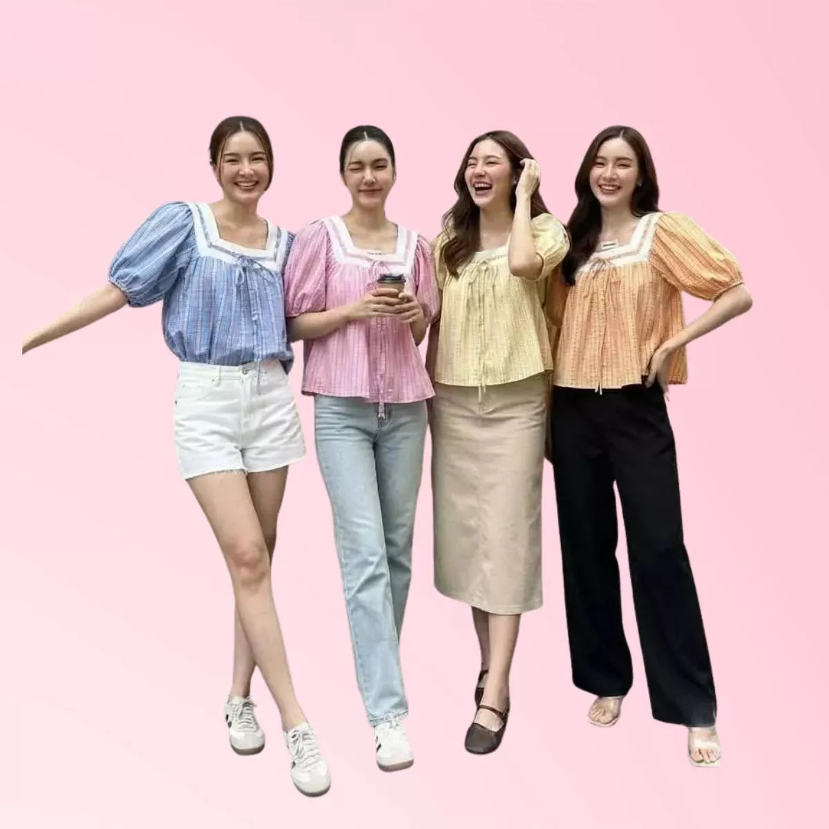 Women wearing square-neck casual blouses in blue, pink, yellow and orange