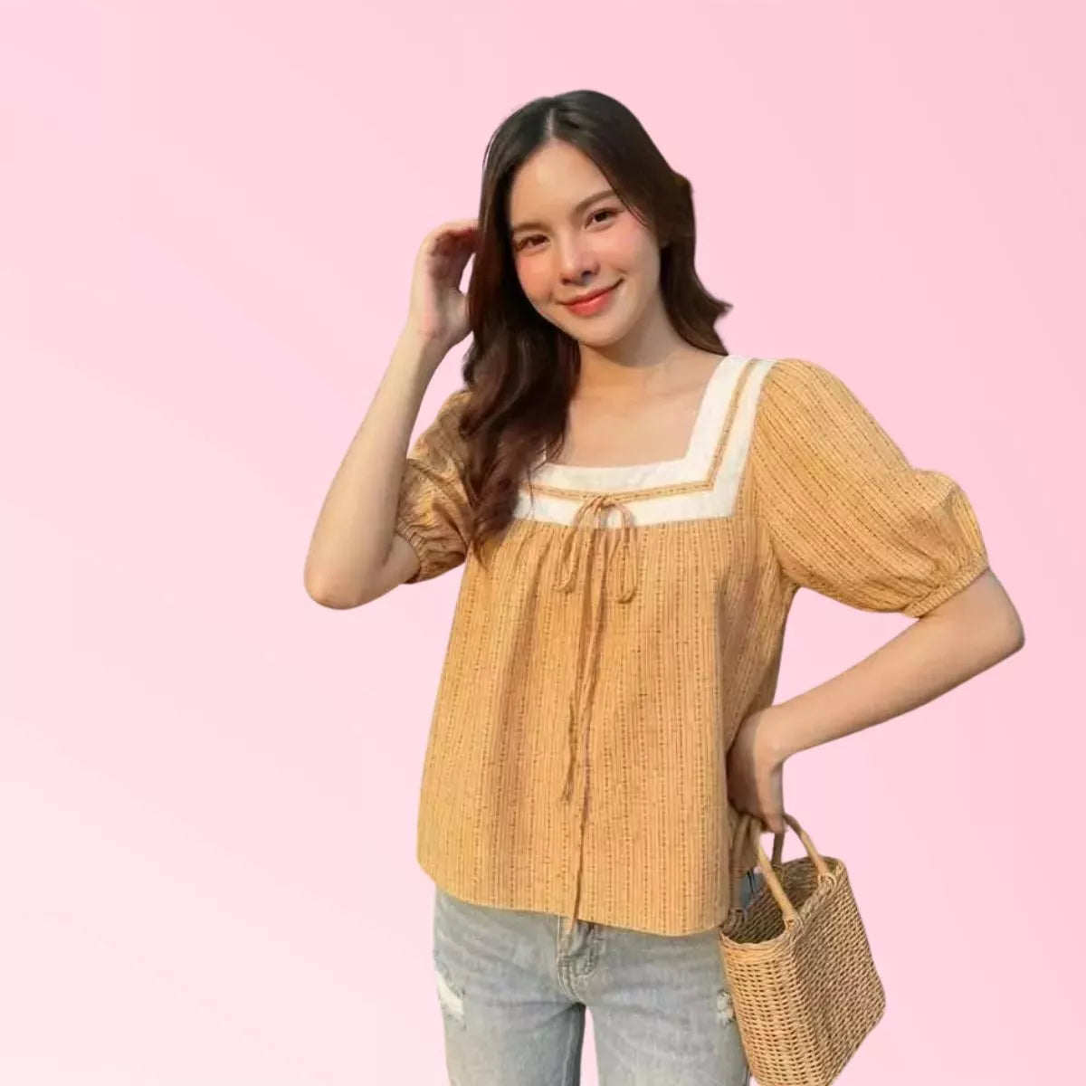 Women’s orange square-neck puff-sleeve casual blouse