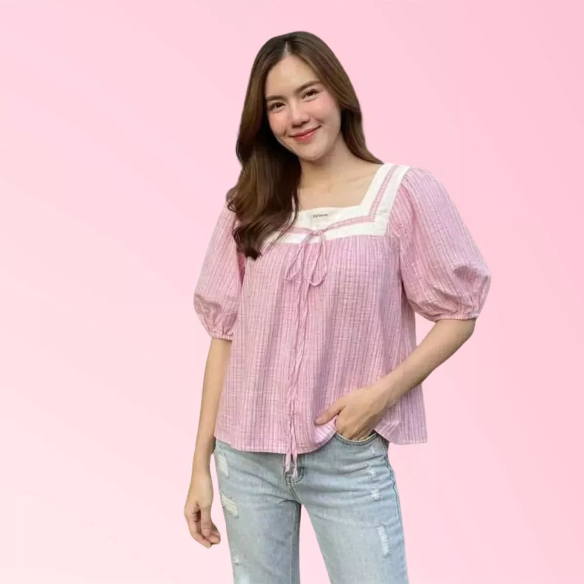 Women’s pink square-neck puff-sleeve casual blouse
