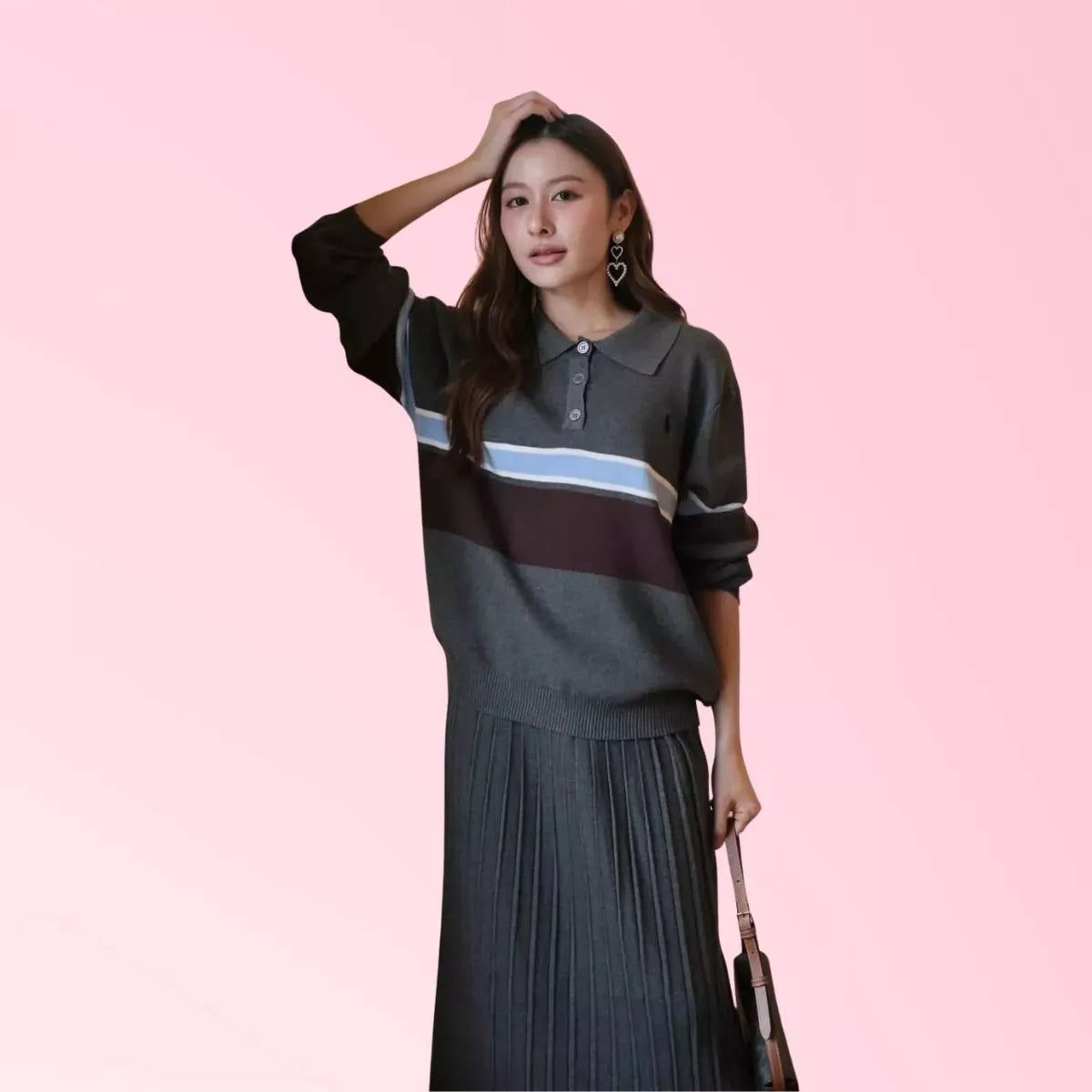 Women’s black striped collared top and pleated maxi skirt set