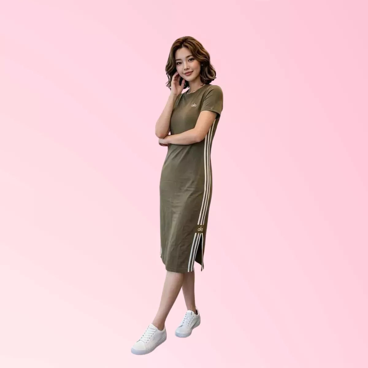 Women’s tan casual T-shirt midi dress with contrast side stripes