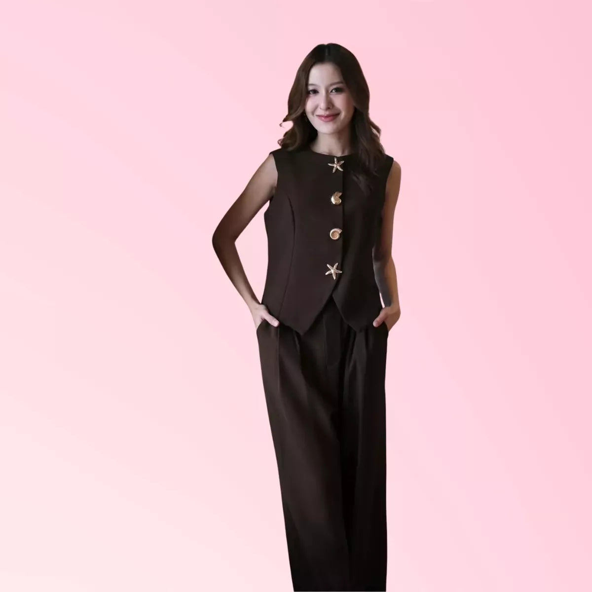 Women’s brown vest and wide-leg trouser two-piece set