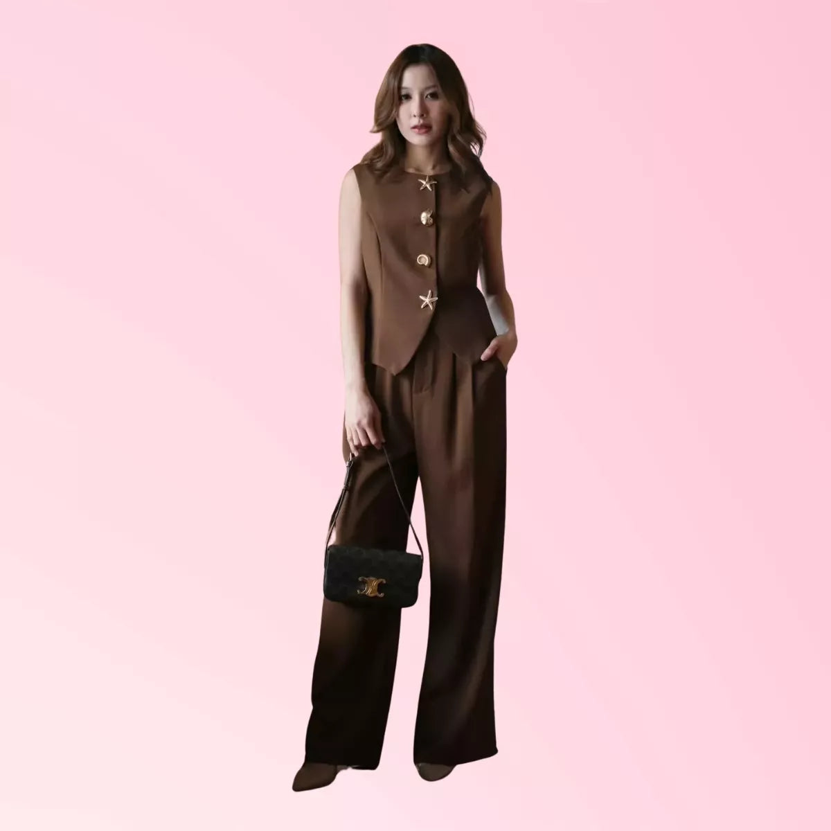 Women’s brown vest and wide-leg trouser two-piece set 2