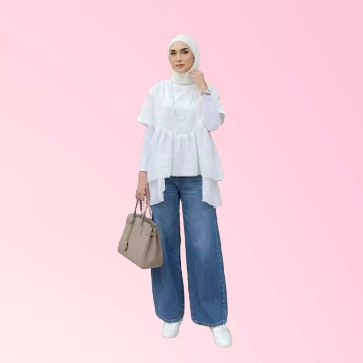 Women’s white layered top and blue wide-leg jeans casual set