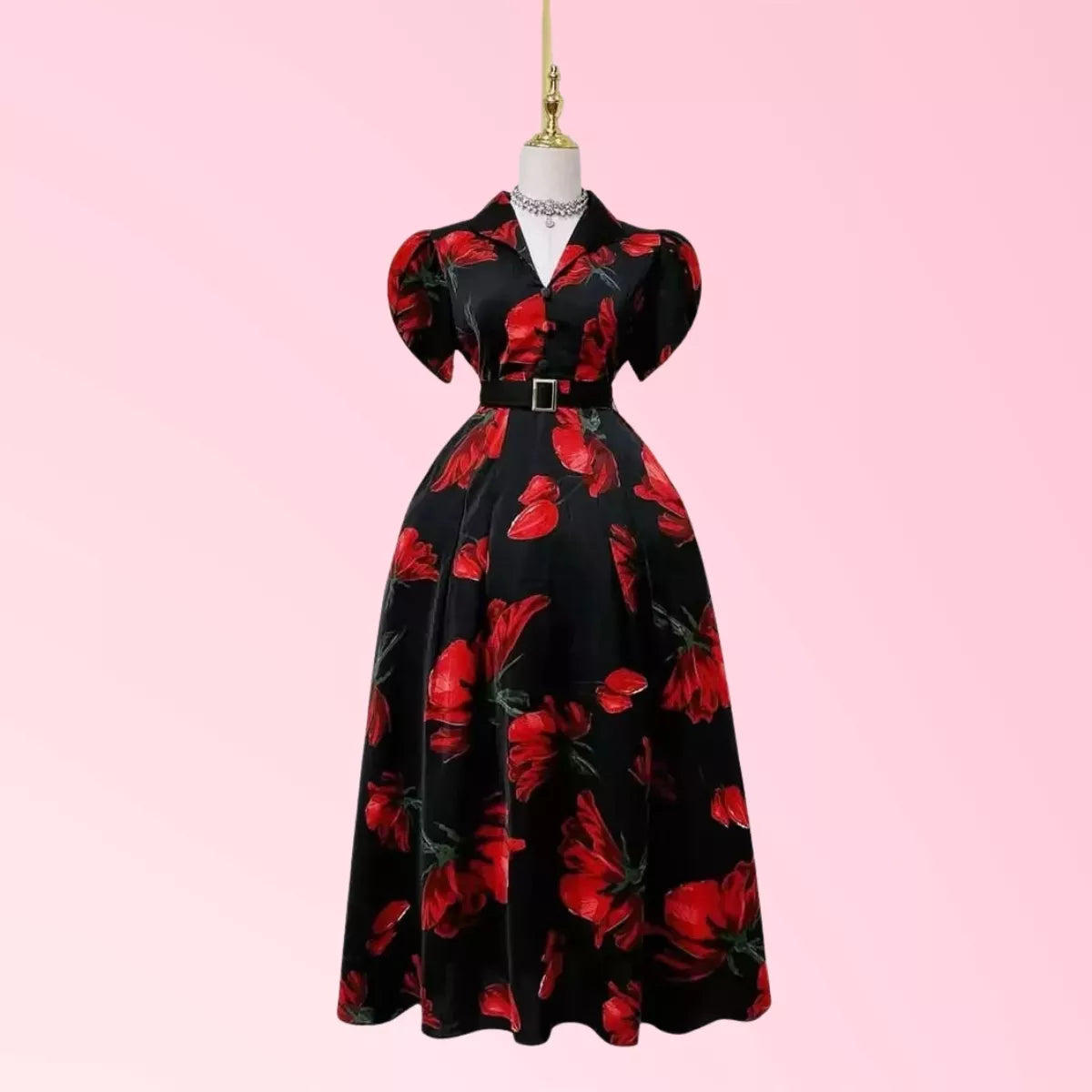 Women’s black and red floral belted maxi dress