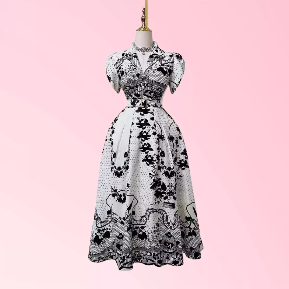 Women’s black and white ornate print belted maxi dress