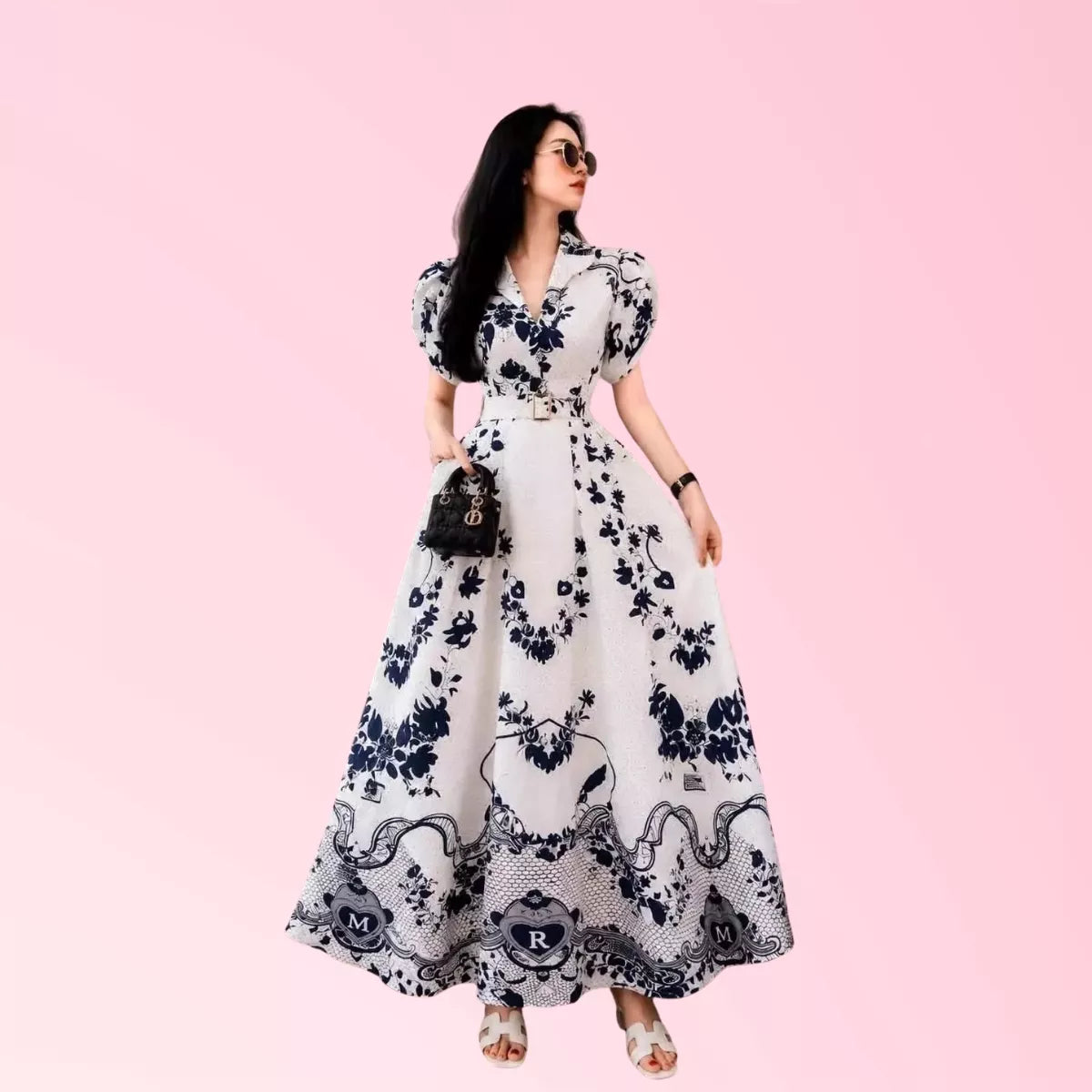 womens-equestrian-print--navy-blue-belted-maxi-dress