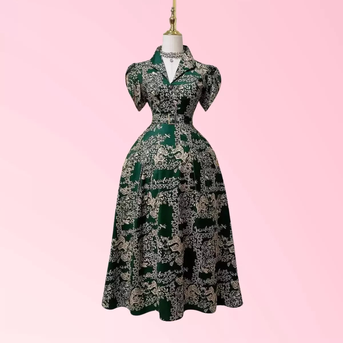 Women’s green ornate print belted maxi dress